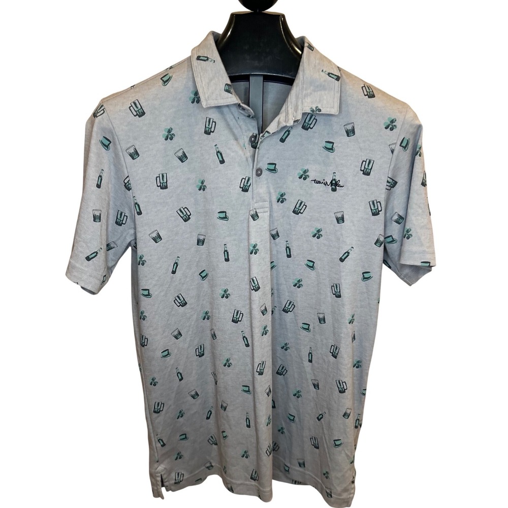 Travis Mathew Men's Gray‎ Short Sleeve Polo Shirt Beverage Drink Print Size M